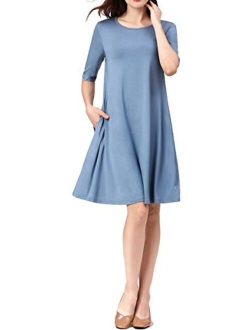 LAC RETTBA Women's Elbow Length Sleeves Pockets Casual Loose Swing Knee Length Dress