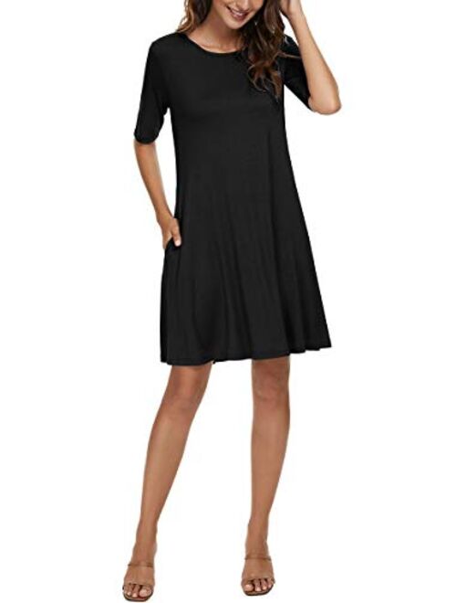 LAC RETTBA Women's Elbow Length Sleeves Pockets Casual Loose Swing Knee Length Dress