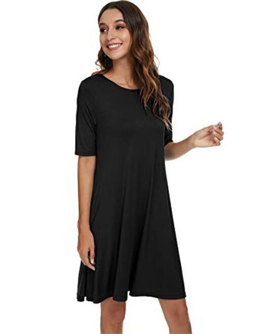 LAC RETTBA Women's Elbow Length Sleeves Pockets Casual Loose Swing Knee Length Dress