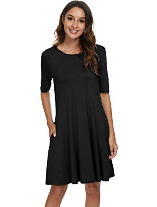 LAC RETTBA Women's Elbow Length Sleeves Pockets Casual Loose Swing Knee Length Dress