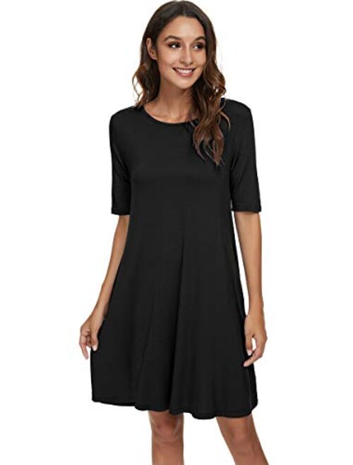 LAC RETTBA Women's Elbow Length Sleeves Pockets Casual Loose Swing Knee Length Dress