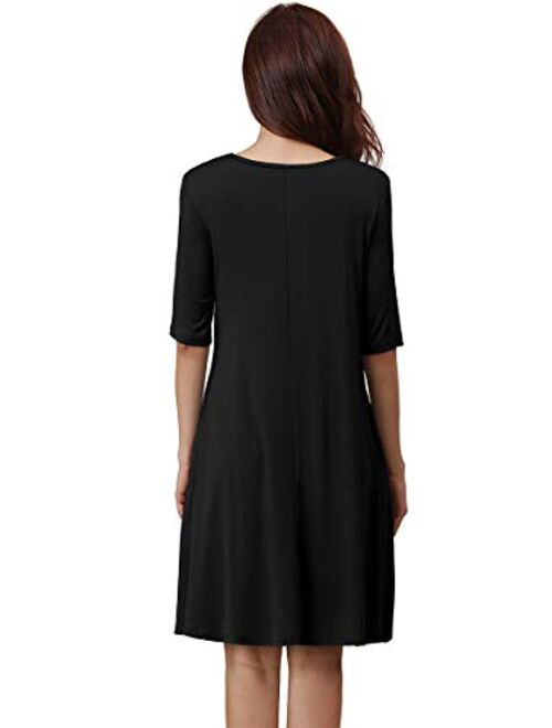 LAC RETTBA Women's Elbow Length Sleeves Pockets Casual Loose Swing Knee Length Dress