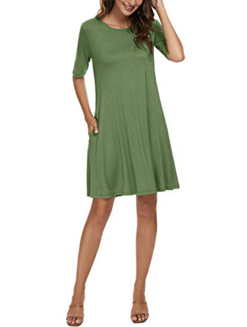 LAC RETTBA Women's Elbow Length Sleeves Pockets Casual Loose Swing Knee Length Dress