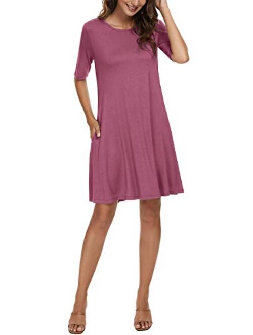 LAC RETTBA Women's Elbow Length Sleeves Pockets Casual Loose Swing Knee Length Dress