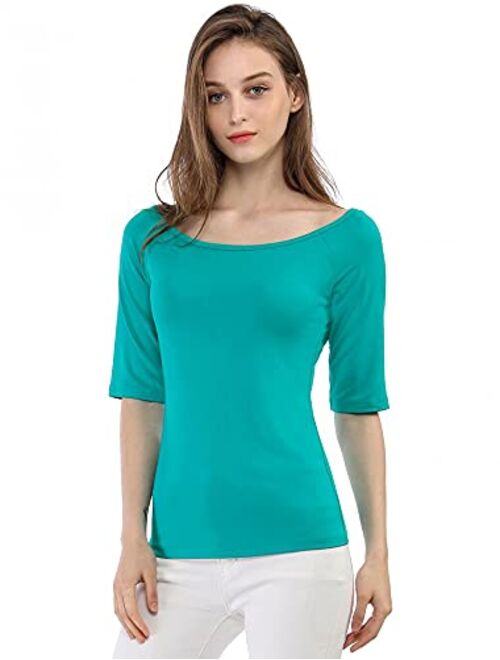 Allegra K Women's Half Sleeves Scoop Neck Fitted Layering Top Soft T-Shirt