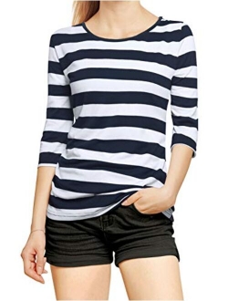 Women's Elbow Sleeves Top Round Neck Slim Fit Tee Casual Striped Shirt