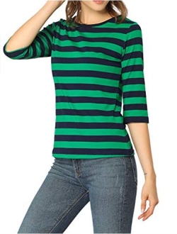 Women's Elbow Sleeves Top Round Neck Slim Fit Tee Casual Striped Shirt