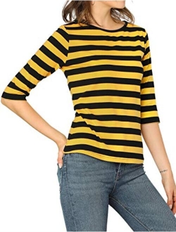 Women's Elbow Sleeves Top Round Neck Slim Fit Tee Casual Striped Shirt