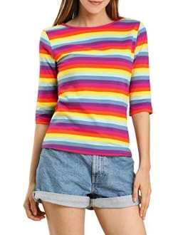 Women's Elbow Sleeves Top Round Neck Slim Fit Tee Casual Striped Shirt