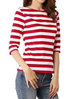 Women's Elbow Sleeves Top Round Neck Slim Fit Tee Casual Striped Shirt