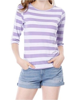 Women's Elbow Sleeves Top Round Neck Slim Fit Tee Casual Striped Shirt