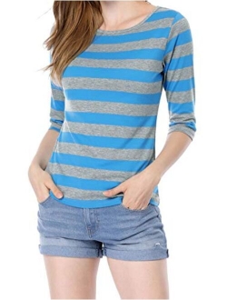 Women's Elbow Sleeves Top Round Neck Slim Fit Tee Casual Striped Shirt