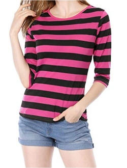 Women's Elbow Sleeves Top Round Neck Slim Fit Tee Casual Striped Shirt