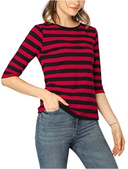 Women's Elbow Sleeves Top Round Neck Slim Fit Tee Casual Striped Shirt