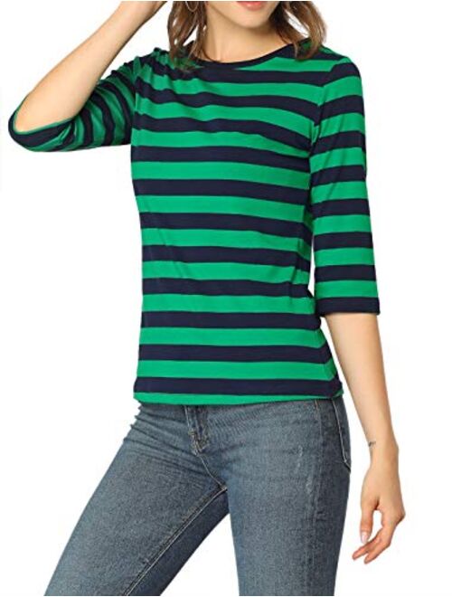 Allegra K Women's Elbow Sleeves Top Round Neck Slim Fit Tee Casual Striped Shirt