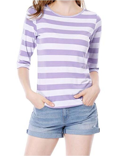 Allegra K Women's Elbow Sleeves Top Round Neck Slim Fit Tee Casual Striped Shirt