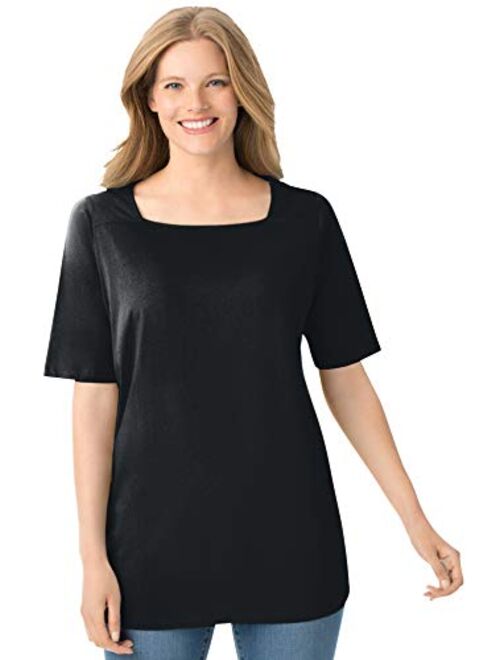 Woman Within Women's Plus Size Perfect Elbow-Sleeve Square-Neck Tee Shirt