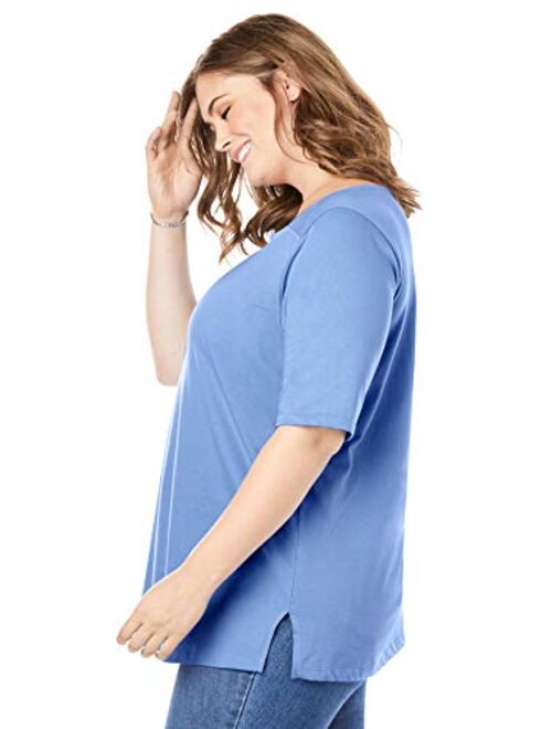 Woman Within Women's Plus Size Perfect Elbow-Sleeve Square-Neck Tee Shirt