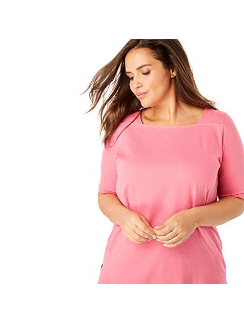 Woman Within Women's Plus Size Perfect Elbow-Sleeve Square-Neck Tee Shirt