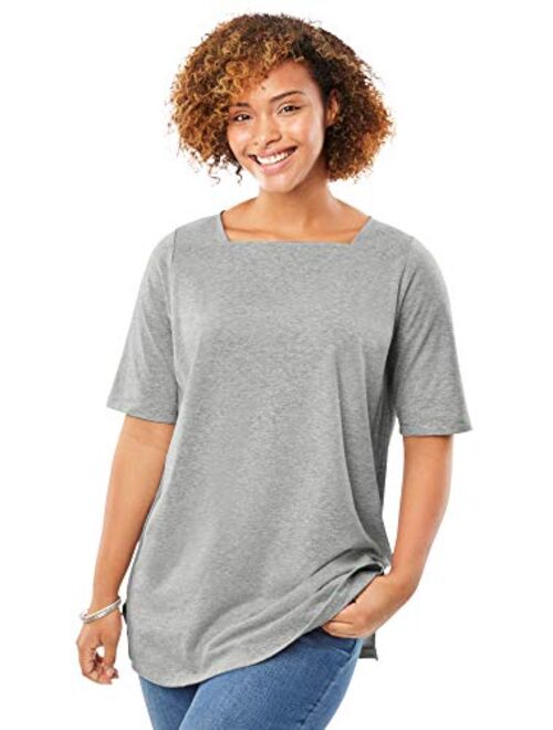 Woman Within Women's Plus Size Perfect Elbow-Sleeve Square-Neck Tee Shirt