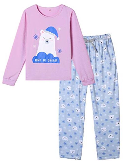 VENTELAN Women Pajamas Cute Christmas Bear Sleepwear Long Sleeve Stripes Loungewear