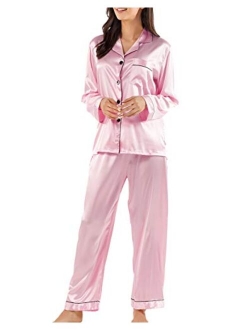 GAESHOW Women Silk Pajamas Set Long Sleeve Ladies Satin PJ Sets Button-Down Pajama Sleepwear Loungewear S~XL