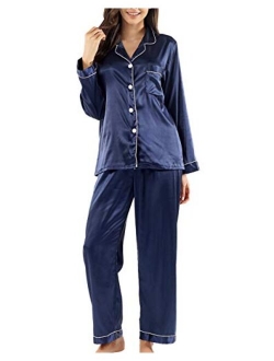 GAESHOW Women Silk Pajamas Set Long Sleeve Ladies Satin PJ Sets Button-Down Pajama Sleepwear Loungewear S~XL