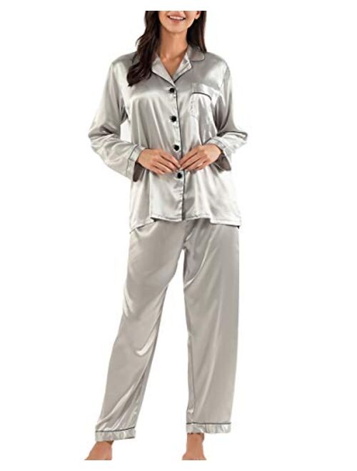 GAESHOW Women Silk Pajamas Set Long Sleeve Ladies Satin PJ Sets Button-Down Pajama Sleepwear Loungewear S~XL