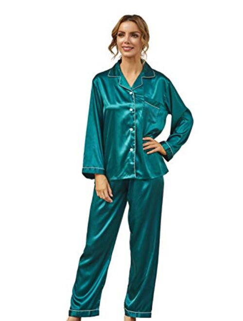 GAESHOW Women Silk Pajamas Set Long Sleeve Ladies Satin PJ Sets Button-Down Pajama Sleepwear Loungewear S~XL