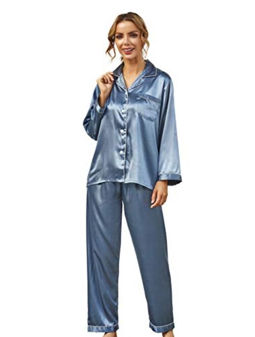 GAESHOW Women Silk Pajamas Set Long Sleeve Ladies Satin PJ Sets Button-Down Pajama Sleepwear Loungewear S~XL