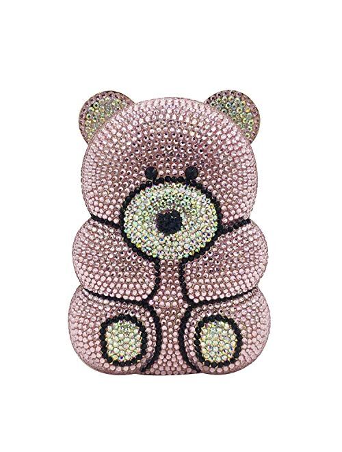 Boutique De FGG Bear Evening Bags and Clutches for Women Formal Party Cocktail Rhinestone Minaudiere Animal Purse Handbag