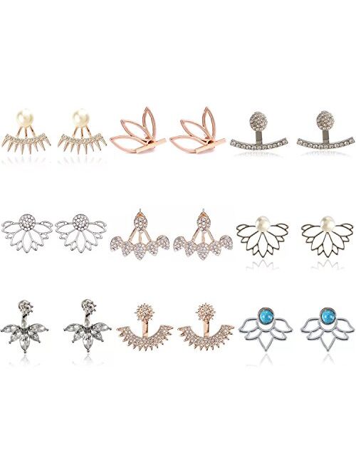 9 Pairs Rose Gold Silver Hollow Lotus Flower Earrings Simple Chic Crystal Pearl Turquoise Stud Earrings Set