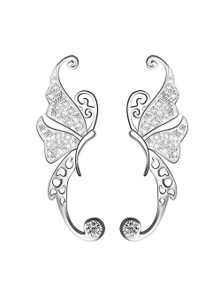 Ear Crawler, Mariafashion Cuff Earrings Sterling Silver Ear Climber Butterfly Diamond Zircon Stud Earrings (butterfly ear cuff)