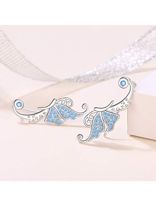 Ear Crawler, Mariafashion Cuff Earrings Sterling Silver Ear Climber Butterfly Diamond Zircon Stud Earrings (butterfly ear cuff)