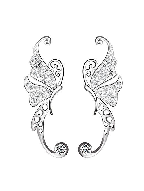 Ear Crawler, Mariafashion Cuff Earrings Sterling Silver Ear Climber Butterfly Diamond Zircon Stud Earrings (butterfly ear cuff)