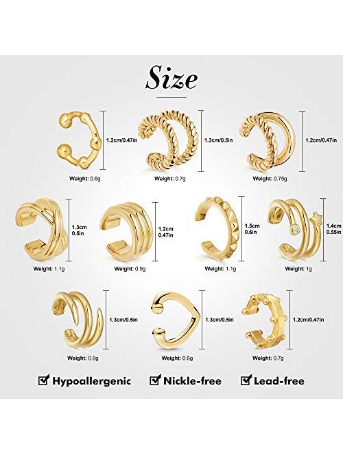 Sloong 10pcs Sparkling Ear Cuff Gold Dainty Helix Earrings Huggie Stud for women Earring Set | Clip On Cartilage