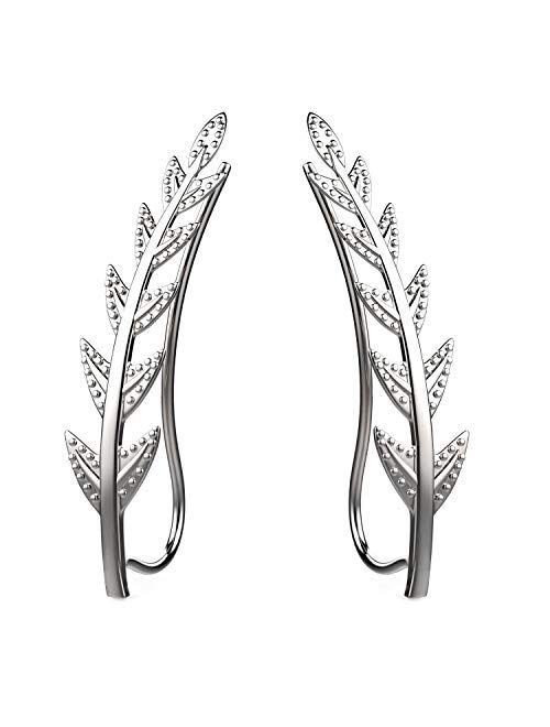 Feramox Ear Crawler Cuff Earrings Sterling Silver Ear Climber Studs Olive Leaf Hypoallergenic