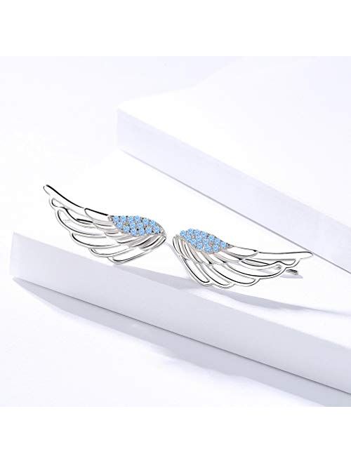 Ear Crawler, Mariafashion Cuff Earrings Sterling Silver Ear Climber Hypoallergenic Ear Wrap Angle Wings Diamond Zircon Stud Earrings