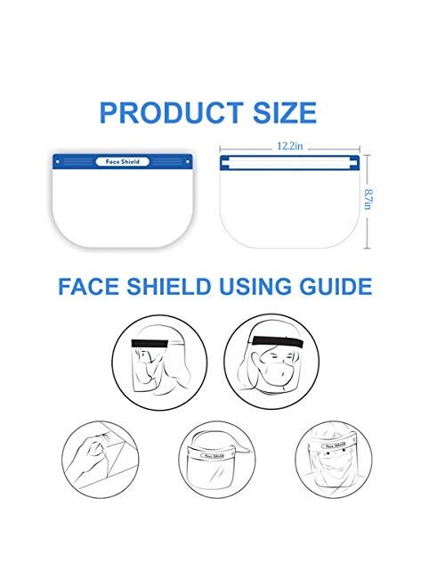 HALIDODO Safety Face Shield 5 Pack, All-Round Protection, Lightweight Transparent Shield with Adjustable Elastic Band for Men Women, Vacuum Packaged (20200629A)