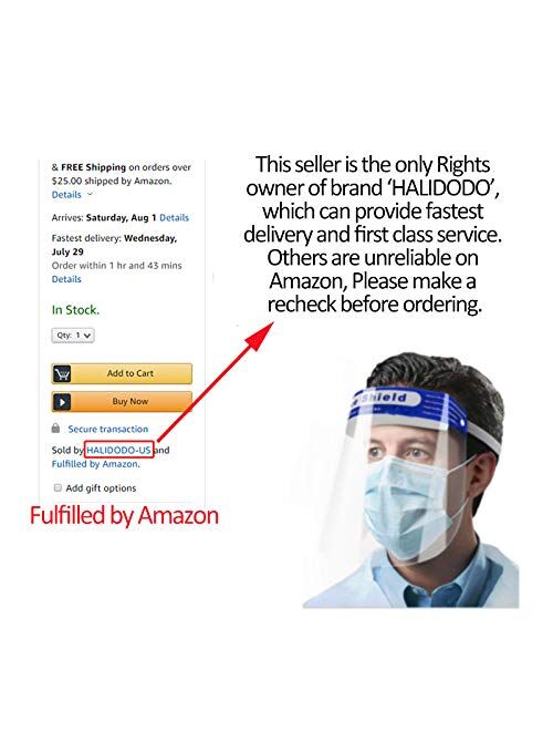 HALIDODO Safety Face Shield 5 Pack, All-Round Protection, Lightweight Transparent Shield with Adjustable Elastic Band for Men Women, Vacuum Packaged (20200629A)