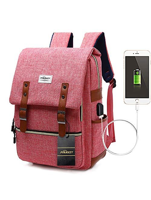 Vintage 15 Inch Laptop Backpack Canvas College School Backpack with USB Chargin