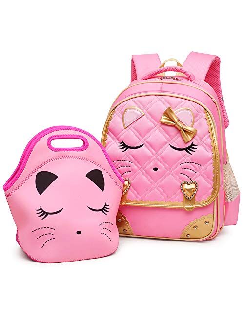 Efree Cute Cat Face Bow Diamond Bling Waterproof Pink School Backpack Girls Book Bag