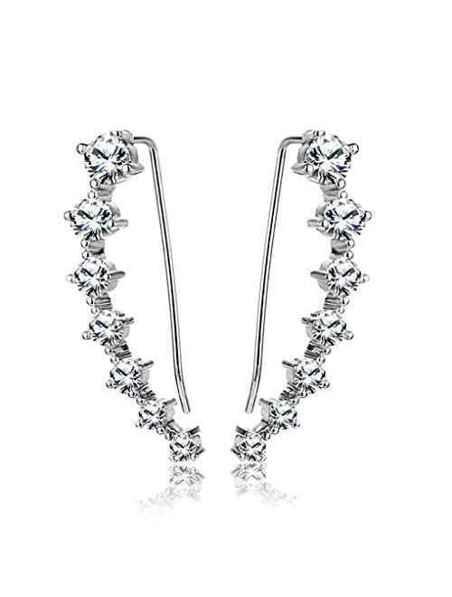 Reffeer 7 Crystals Ear Cuffs Hoop Climber S925 Sterling Silver Earrings Hypoallergenic Earring