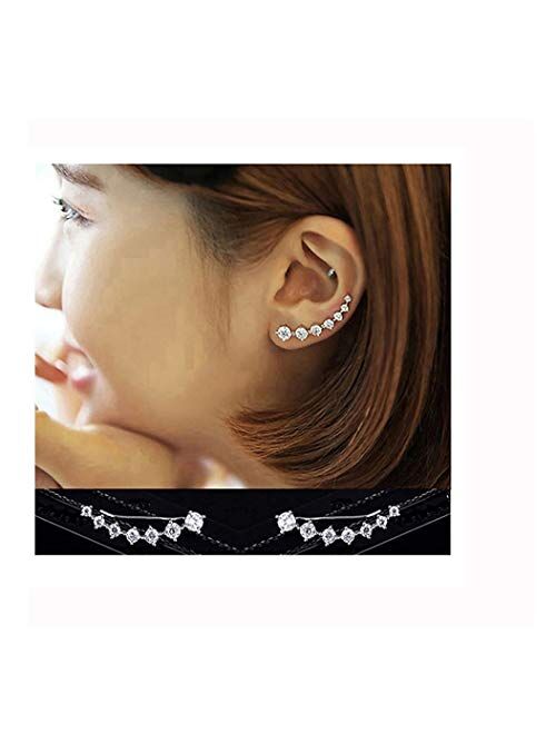 Reffeer 7 Crystals Ear Cuffs Hoop Climber S925 Sterling Silver Earrings Hypoallergenic Earring