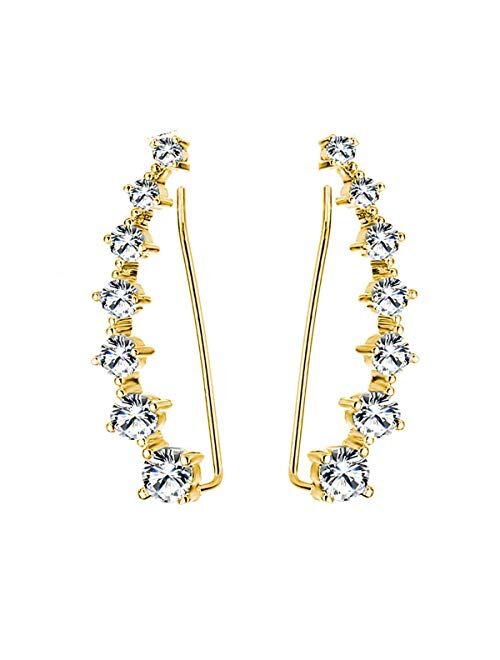 Reffeer 7 Crystals Ear Cuffs Hoop Climber S925 Sterling Silver Earrings Hypoallergenic Earring