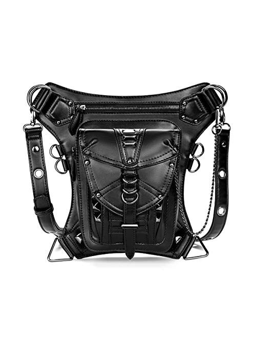 Steampunk Waist Bag Fanny Pack Fashion Gothic Leather Shoulder Crossbody Messenger Bags Thigh Leg Hip Holster Purse Travel Pouch Hiking Sport Chain Bags for Women Men