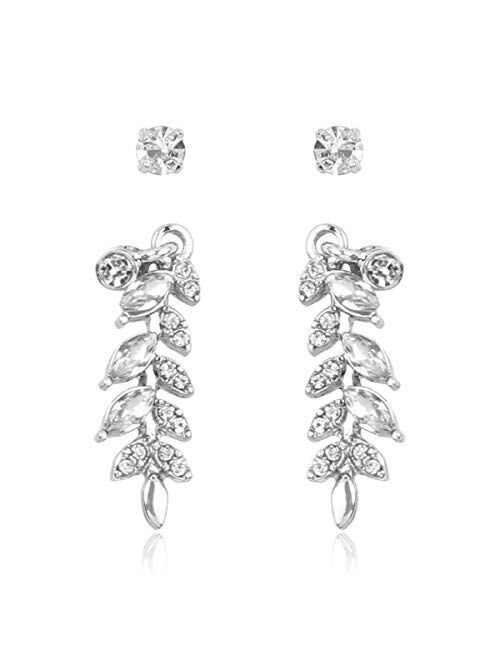 RIAH FASHION Sparkly Rhinestone Pave Ear Crawler Earrings - Delicate Cubic Crystal Earlobe Cuff Climber Floral Petal, Leaf Branch, Feather, Star, Geometric