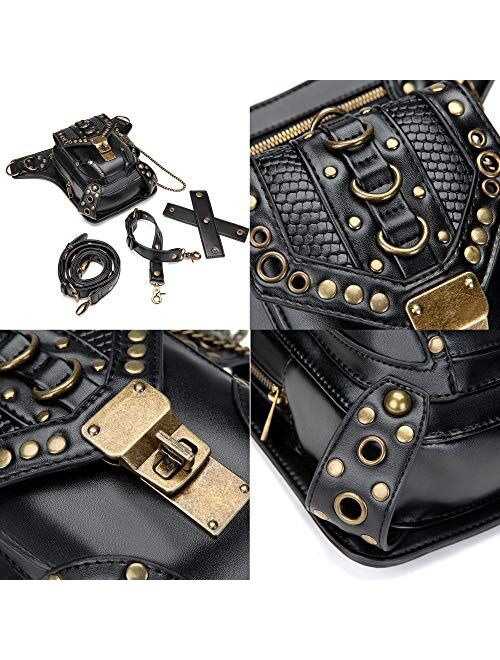 Valentoria Steampunk Waist Bag Fanny Pack Thigh Holster Purse Pouch Retro Fashion Gothic Casual Leather Shoulder Crossbody Messenger Bags Punk Rock Travel Hiking Sport Ch