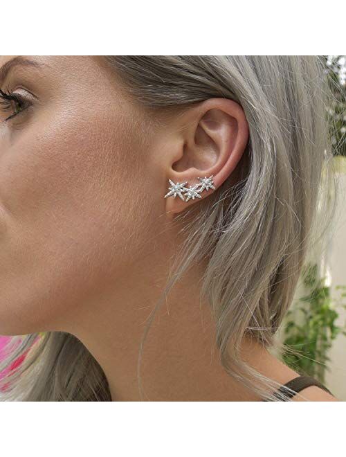 3 Star Constellation Ear Climber Crawler Earrings White Gold Plating