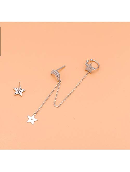 SLUYNZ 925 Sterling Silver Cuff Earrings Chain for Women Asymmetric Star Moon Earrings Crawler Earrings Dangling Chain